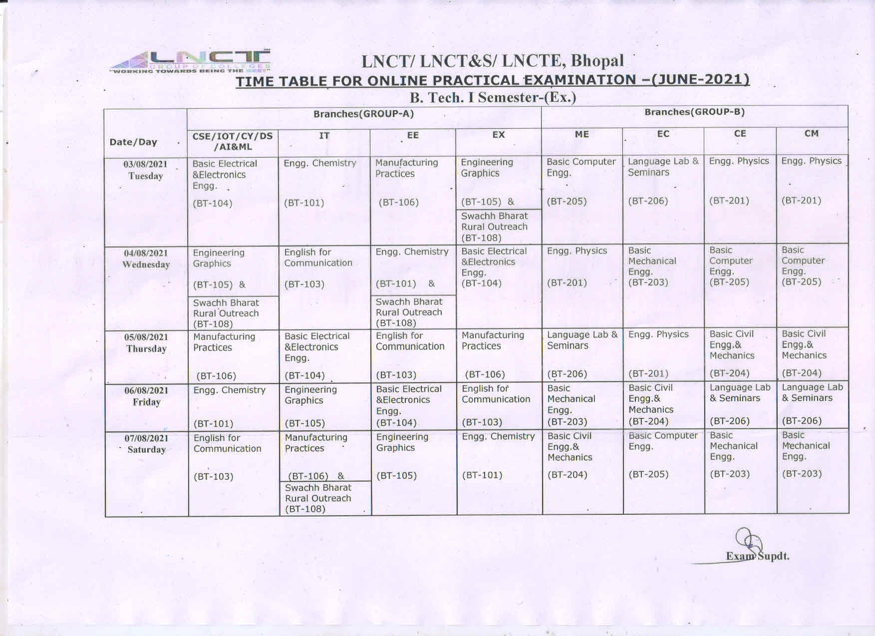 Time Table Practical June 2021 B. Tech I Sem Ex | LNCT Group