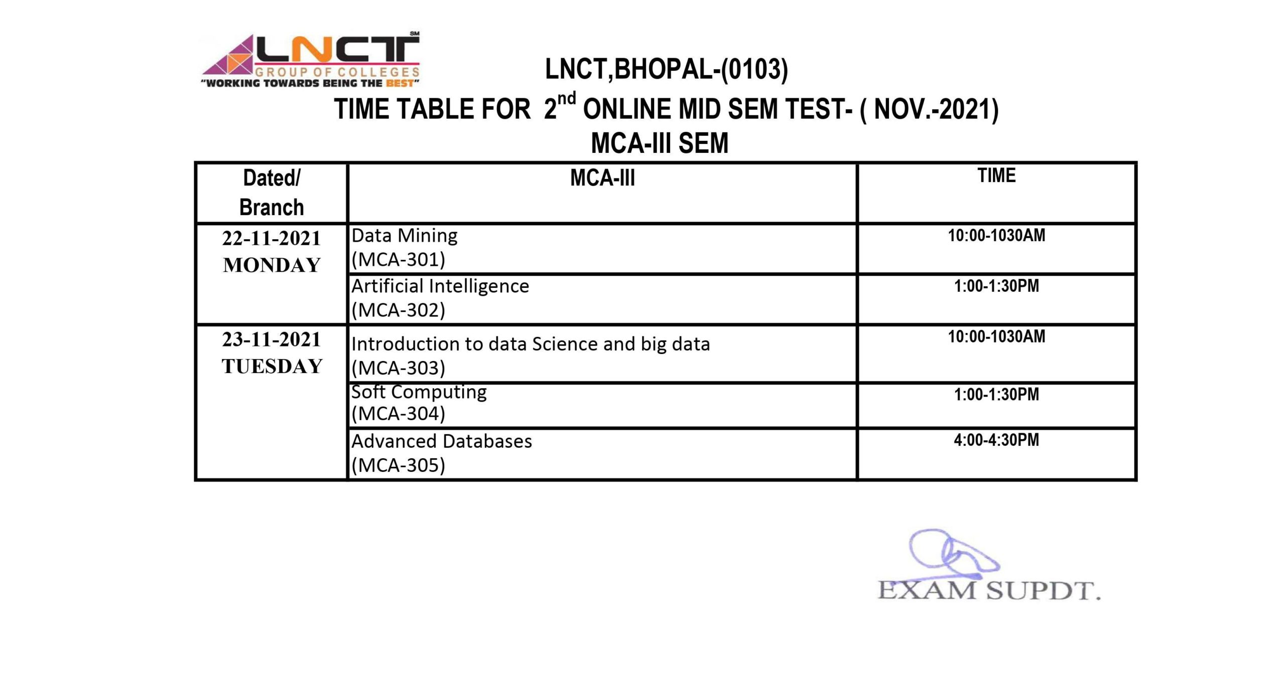 TIME TABLE : MCA III SEM 2 MID SEM TEST 3