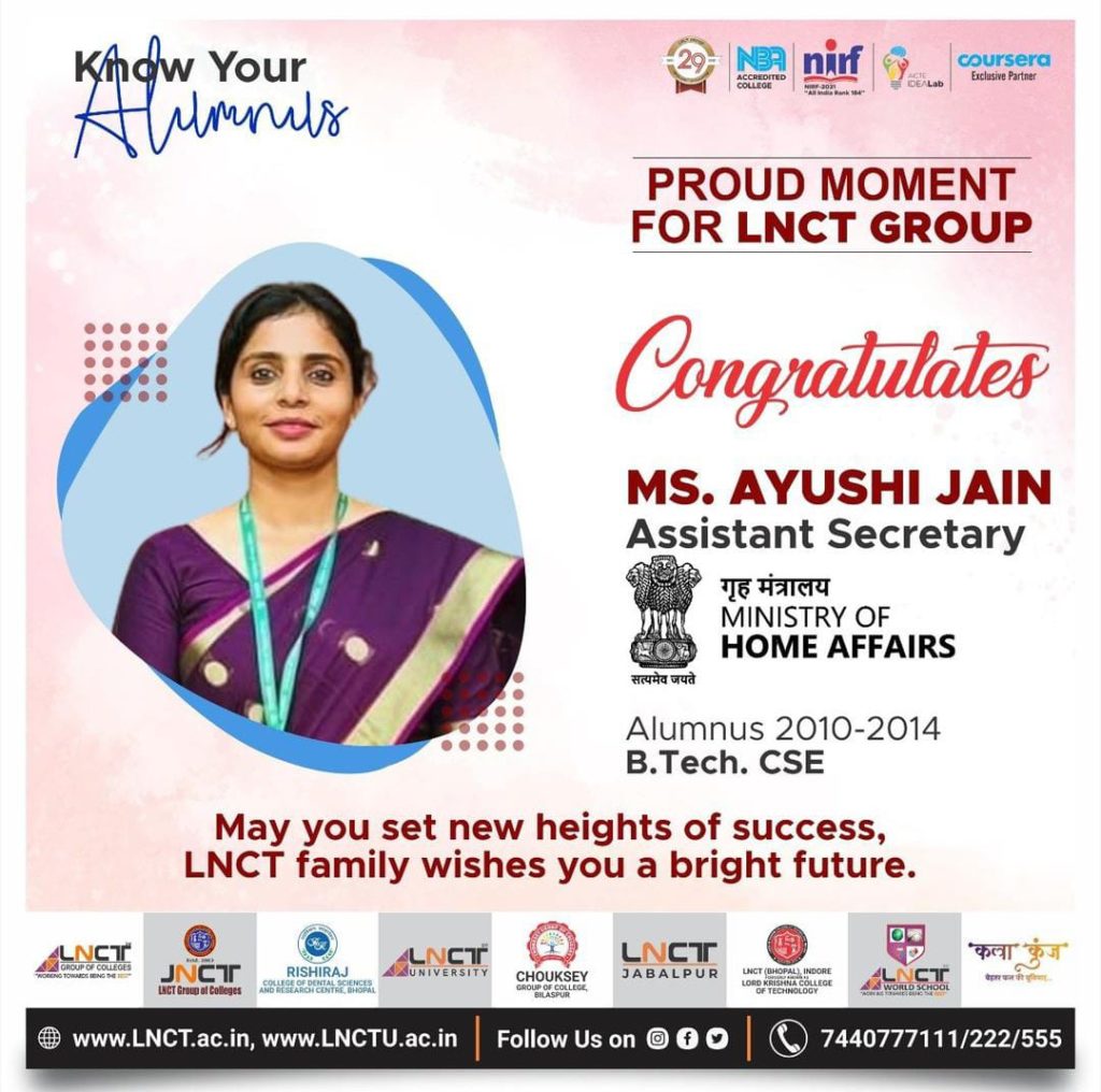 Congratulations Ms.Ayushi Jain, Alumna Of LNCT Group | LNCT Group